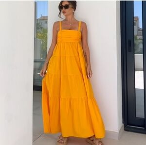 Zara Tiered Poplin Maxi Dress Yellow Orange Blogger Favorite